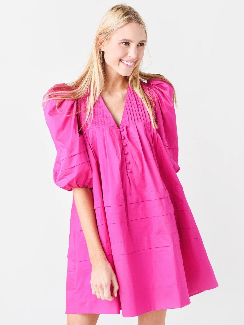 Hunter Bell Jenkins Fuchsia Barbie Pink Mini Dress Puff Sleeve Womens Size L